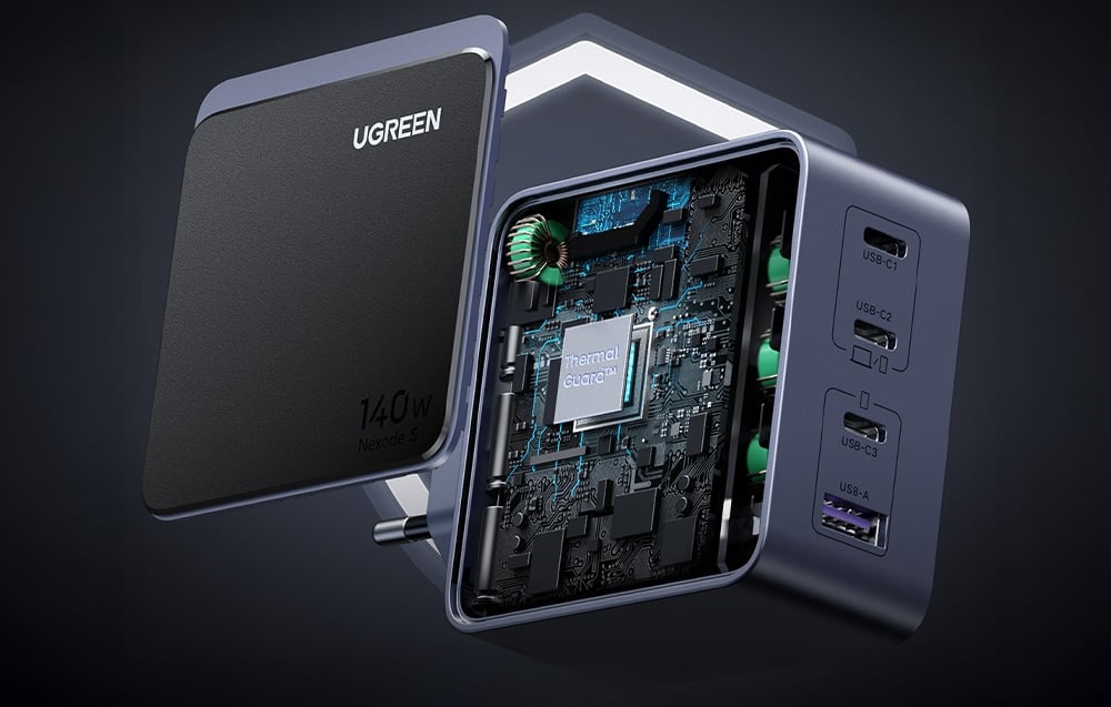 Przekrój ładowarki UGREEN Nexode S 140W ukazujący wewnętrzne podzespoły elektroniczne z oznaczeniem „thermal guard”