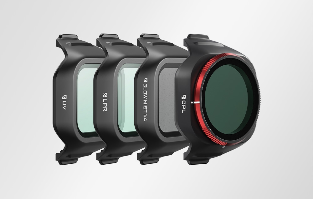 Four drone filters - UV, LPR, Glow Mist 1/4, and CPL with a red border arranged in a row from the side