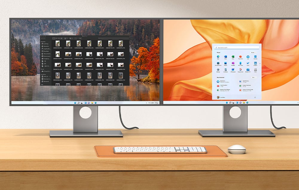 Two monitors on a desk with a keyboard and mouse, displaying different system interfaces