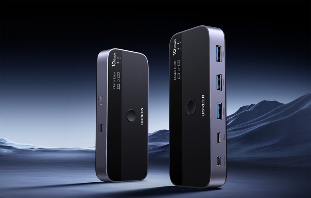 Zwei KVM-Switches von UGREEN in unterschiedlicher Größe mit USB- und HDMI-Ports