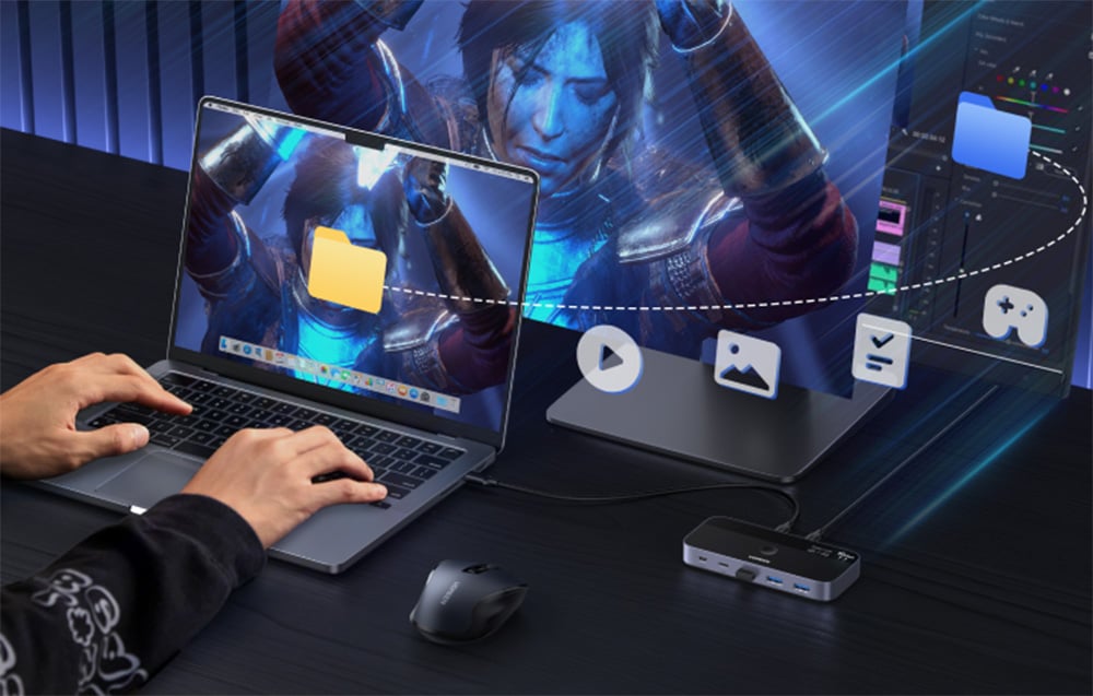 Laptop, der mit dem KVM-Switch verbunden ist, Grafik illustriert die Übertragung von Medien