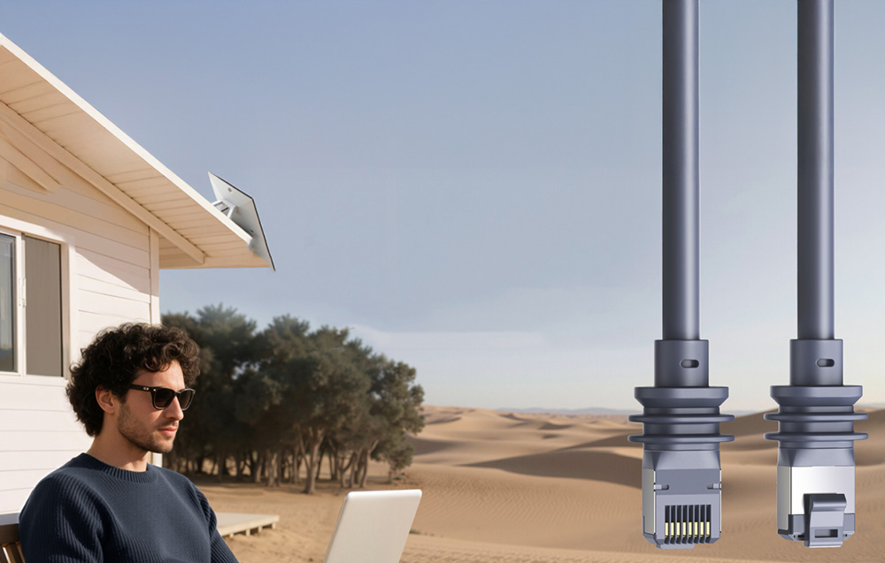 Mann arbeitet an einem Laptop auf der Terrasse, daneben Nahaufnahme der Stecker des Ethernet-Netzkabels