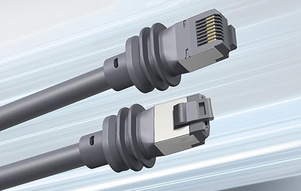 Nahaufnahme von zwei Ethernet-Steckern mit sichtbaren goldenen Pins und Befestigungsmechanismus