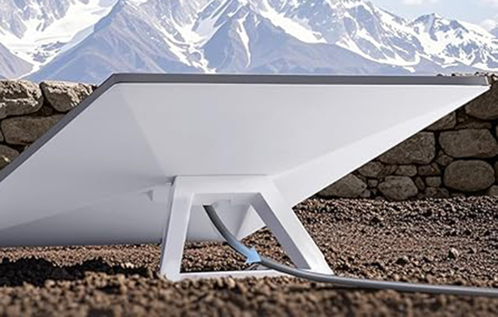 Weißer Starlink-Antenne auf einem steinernen Sockel mit Bergen im Hintergrund