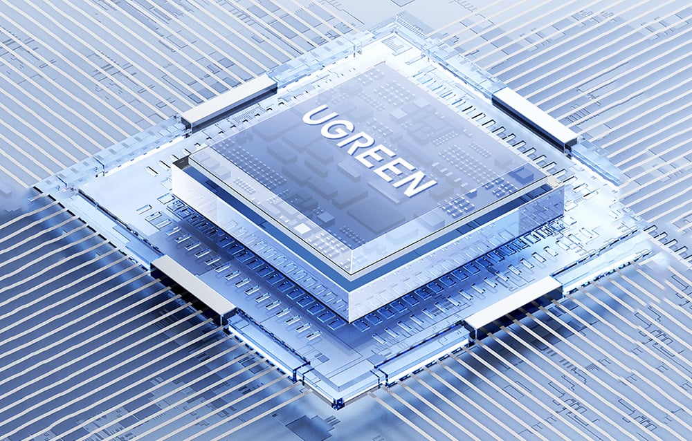 Visualisierung des UGREEN-Prozessors mit mehrschichtiger Struktur und Verbindungen auf der Leiterplatte