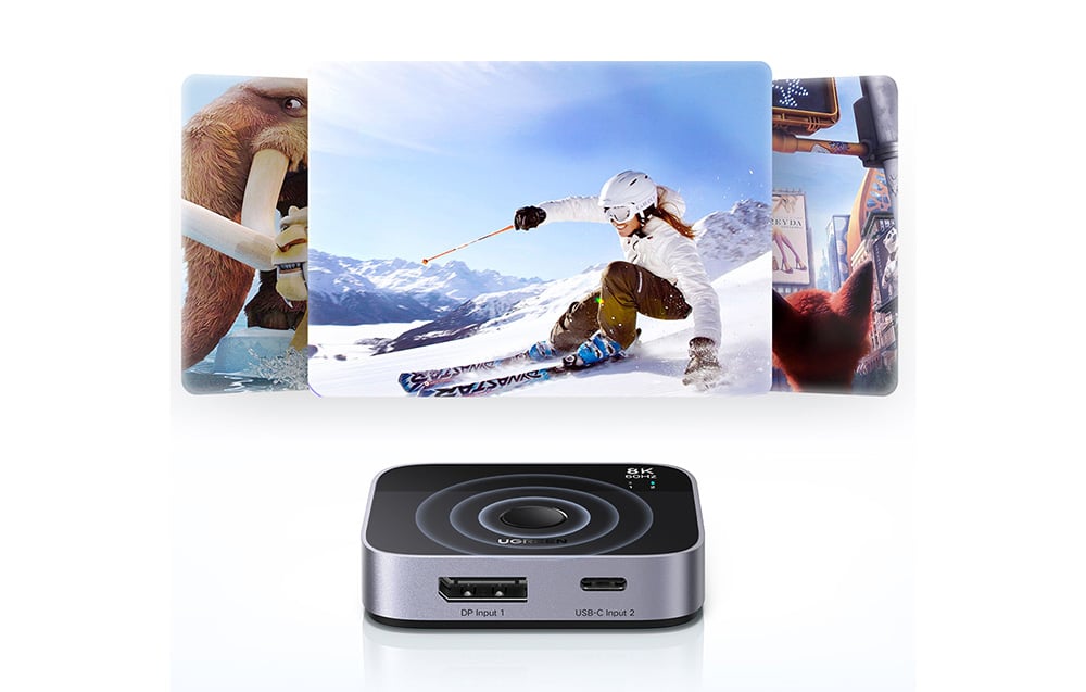 Kompakter UGREEN-Hub mit DisplayPort- und USB-C-Anschlüssen, über dem ein Bild einer Frau beim Skifahren