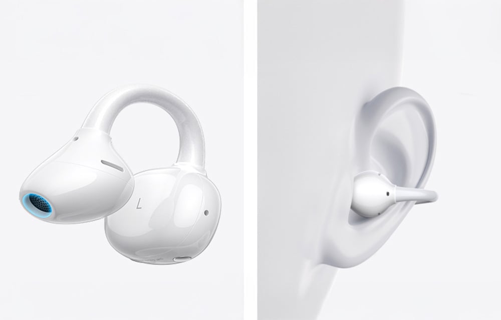 Biała słuchawka bezprzewodowa, a obok ta sama słuchawka w uchu