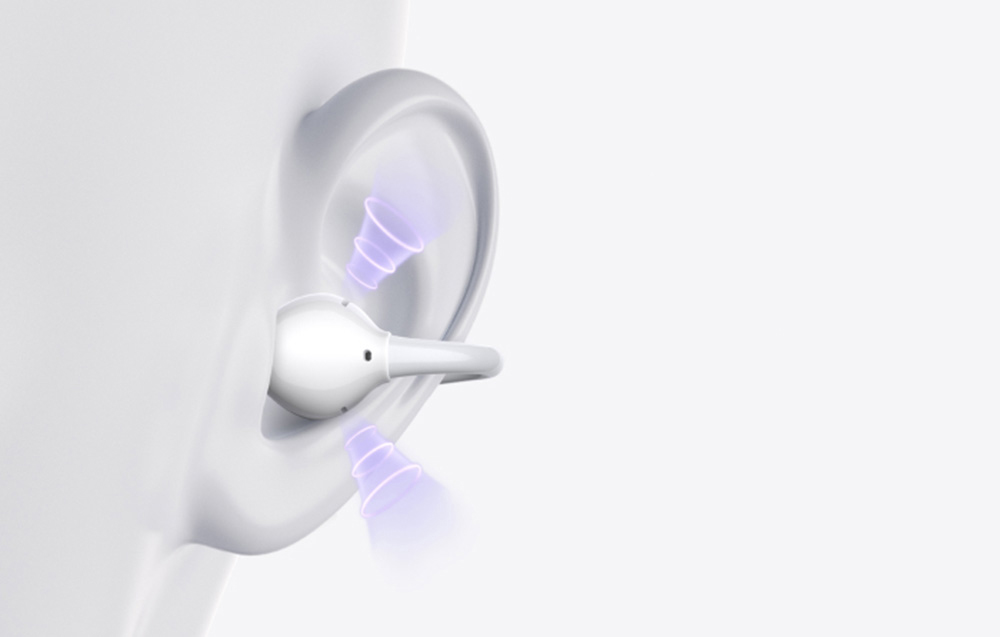 Biała słuchawka umieszczona w modelu ucha, obok fioletowe okręgi symbolizujące rozchodzące się fale dźwiękowe