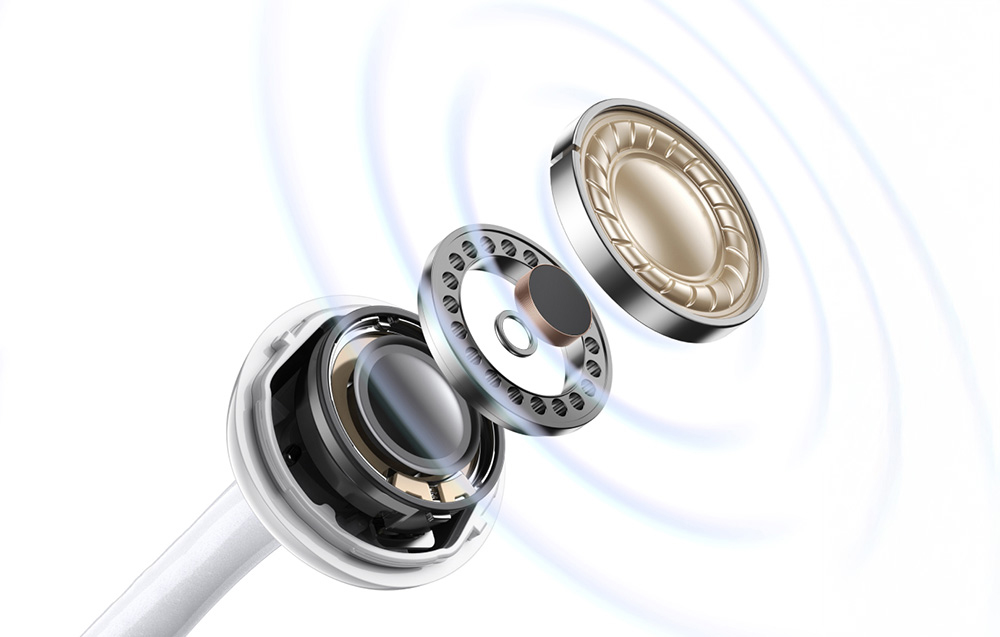 Rozłożone elementy przetwornika słuchawki z widoczną membraną i elementami wewnętrznymi