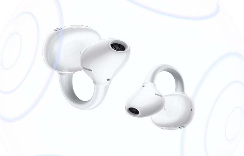 Para białych słuchawek bezprzewodowych na jasnym tle z niebieskimi okręgami