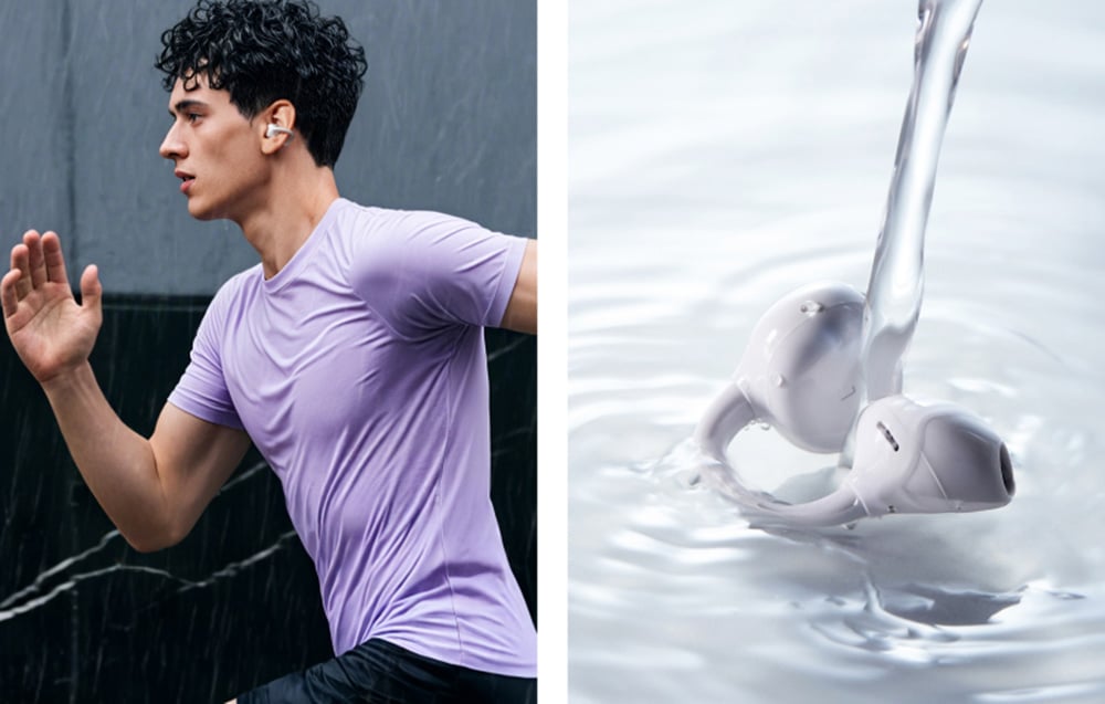 Mężczyzna biegający w fioletowej koszulce ze słuchawkami, obok słuchawki oblewane wodą