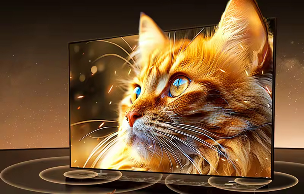 Fernseher, der ein hochauflösendes Bild einer roten Katze mit blauen Augen und Lichteffekten anzeigt