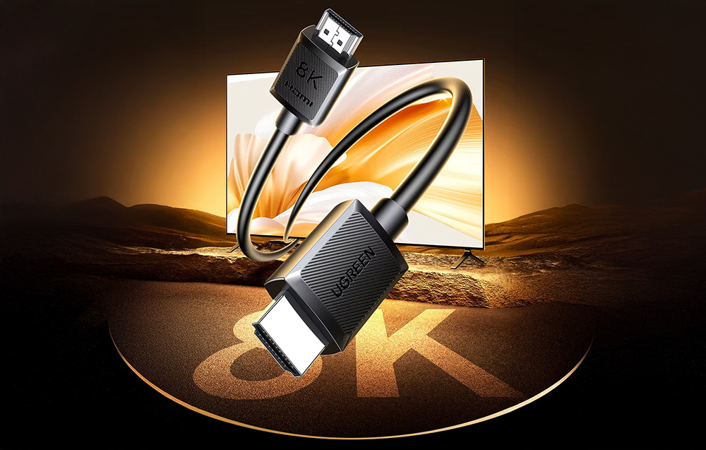HDMI-Kabel mit 8K-Logo, das zwei Anschlüsse vor dem Hintergrund eines Monitors zeigt, der einen Sonnenuntergang anzeigt