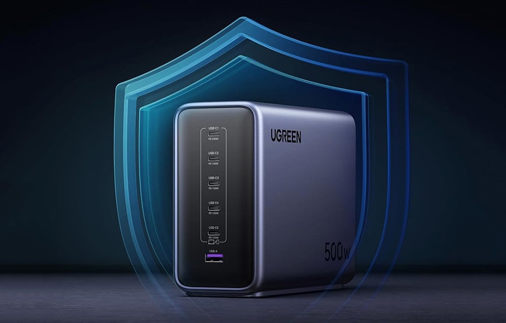 UGREEN 500W charger with a blue shield symbolizing protection on a dark background