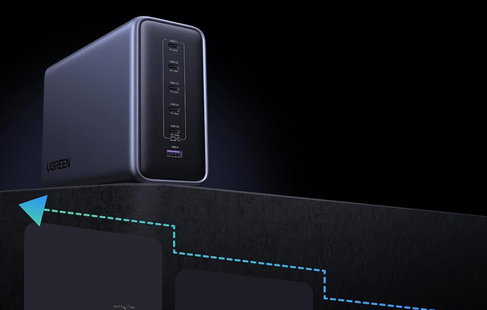UGREEN 500W charger on a dark background with a graphic illustration of energy flow
