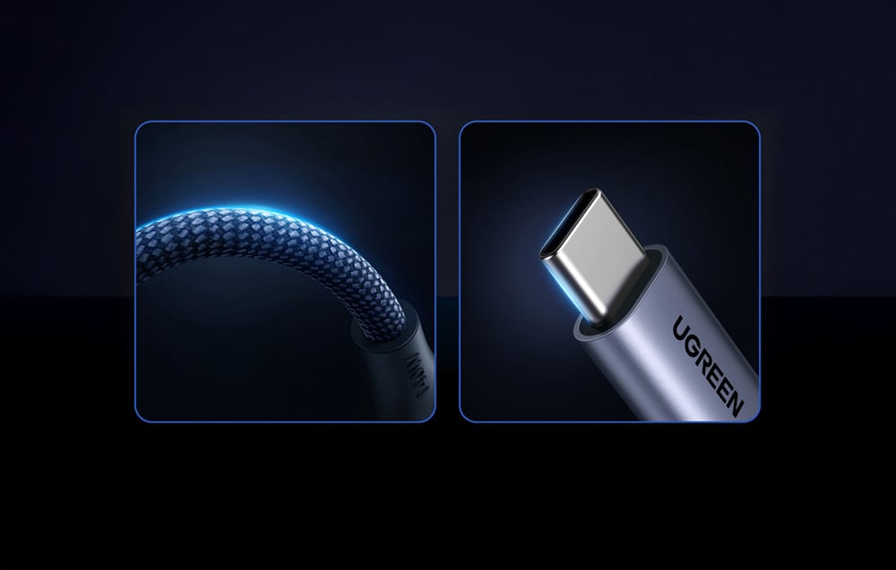 Nahaufnahme des Überzugs und des Steckers des USB-C Kabels auf dunklem Hintergrund