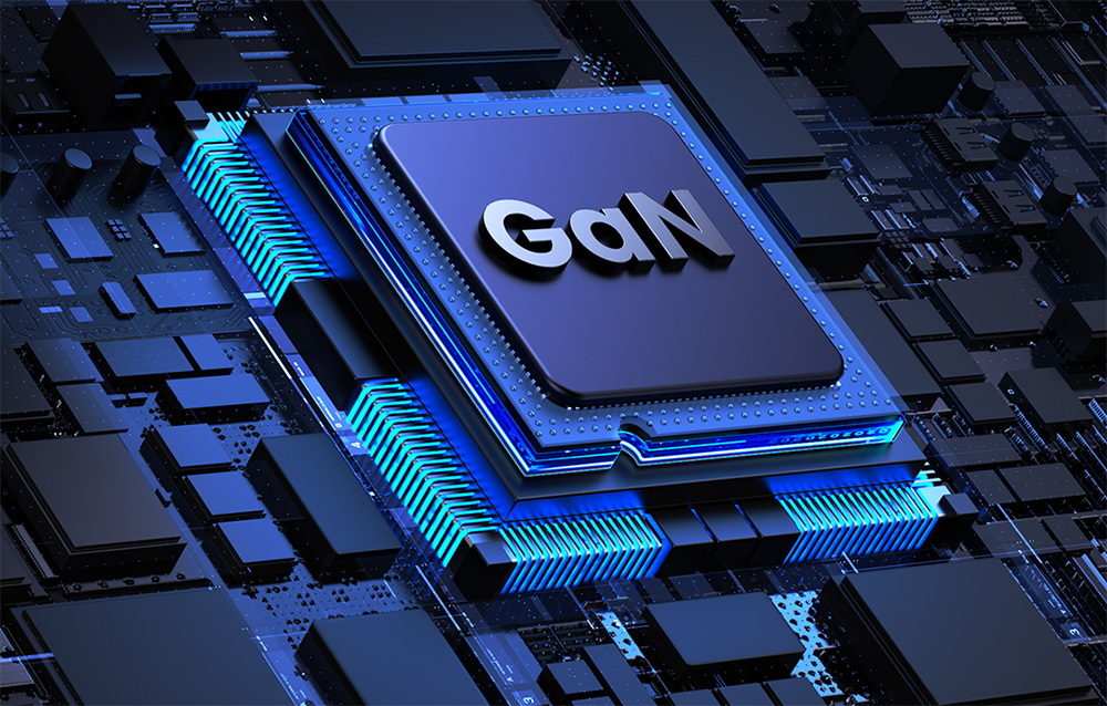 Processor with GaN logo on the motherboard with blue LED backlighting and green connectors