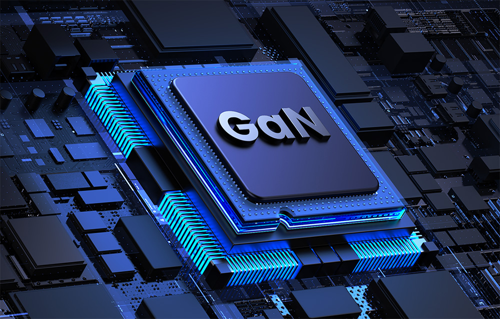 Processor with the GaN logo on the motherboard with blue LED backlighting and green connectors