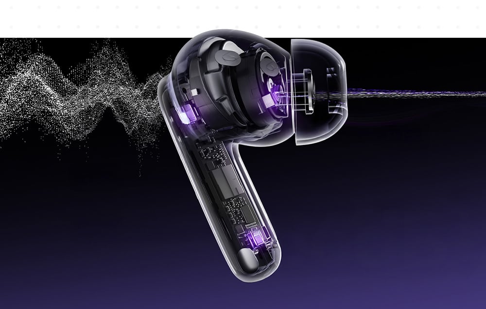 Wizualizacja przekroju technicznego bezprzewodowej słuchawki z widocznymi elementami wewnętrznymi i efektami dźwięku