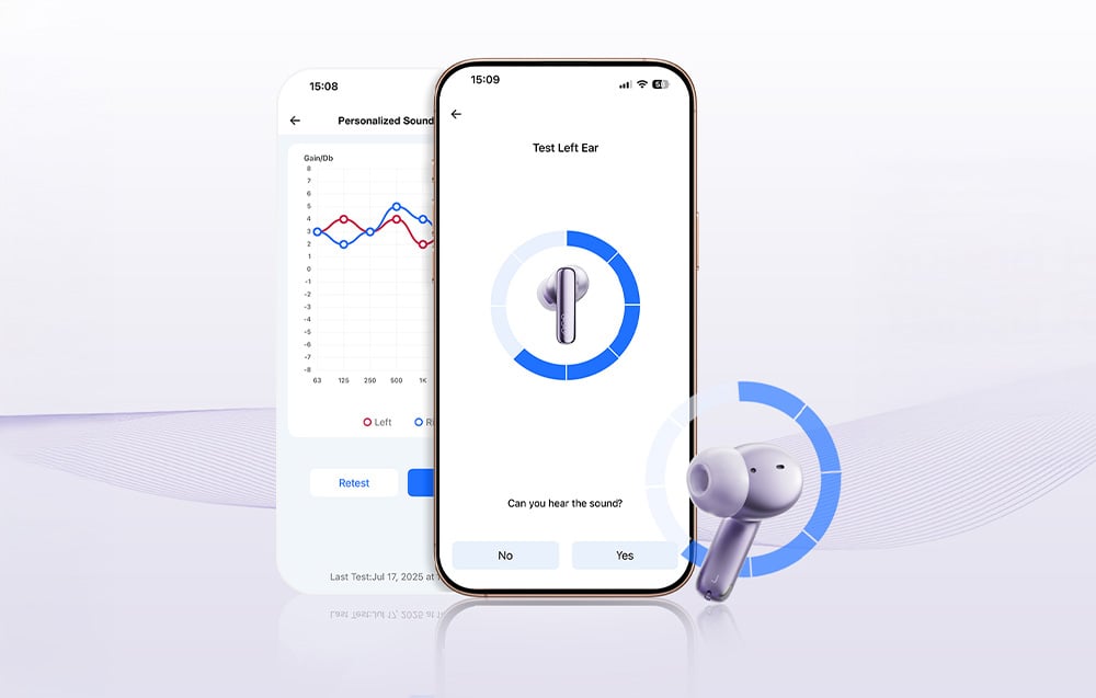 Dwa ekrany smartfona pokazujące test dźwięku w aplikacji dla słuchawek bezprzewodowych, obok fioletowej słuchawki