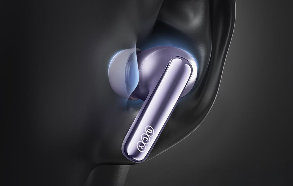 Wizualizacja przekroju technicznego bezprzewodowej słuchawki z widocznymi elementami wewnętrznymi i efektami dźwięku.