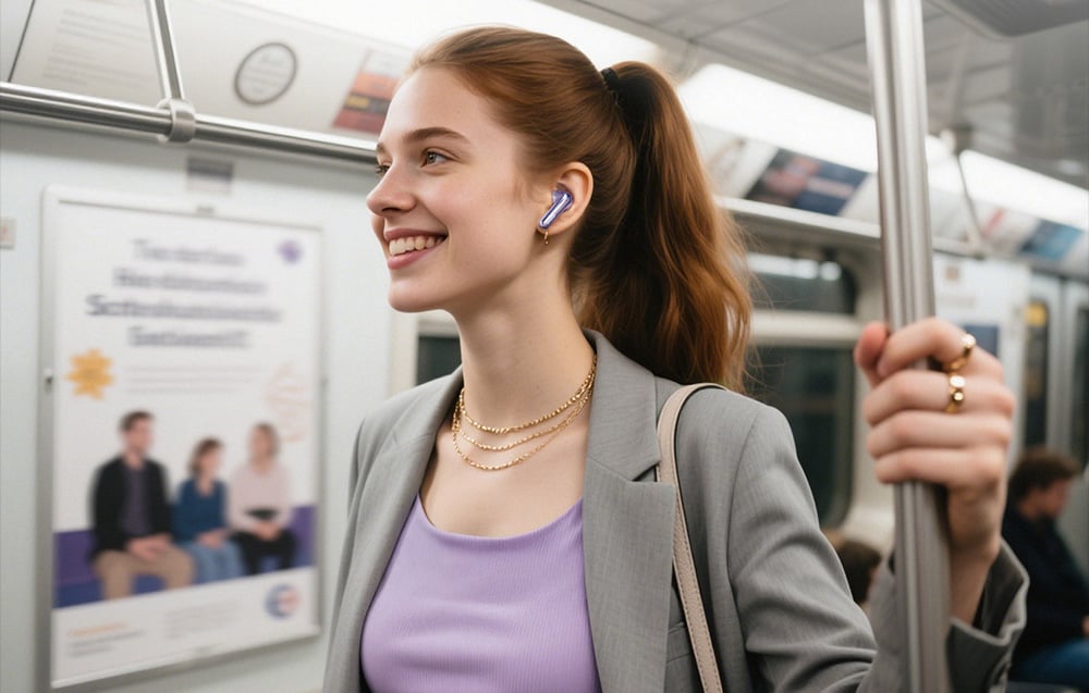Kobieta w liliowej bluzce i szarej marynarce uśmiecha się i trzyma poręcz w wagonie metra, nosząc bezprzewodową słuchawkę