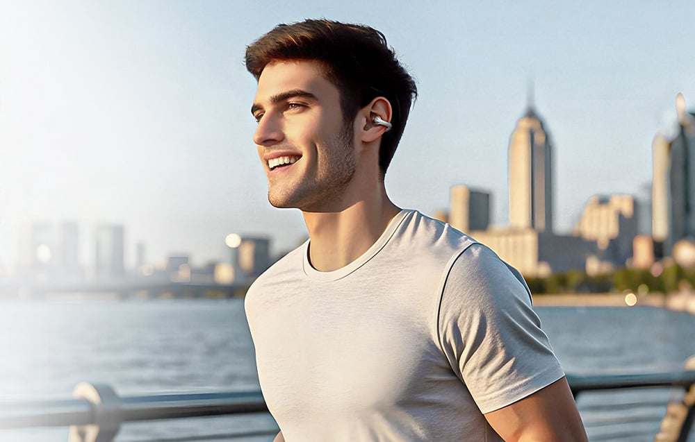 Uśmiechnięty mężczyzna biegnący na zewnątrz przy wodzie, mający w uchu białą słuchawkę bezprzewodową