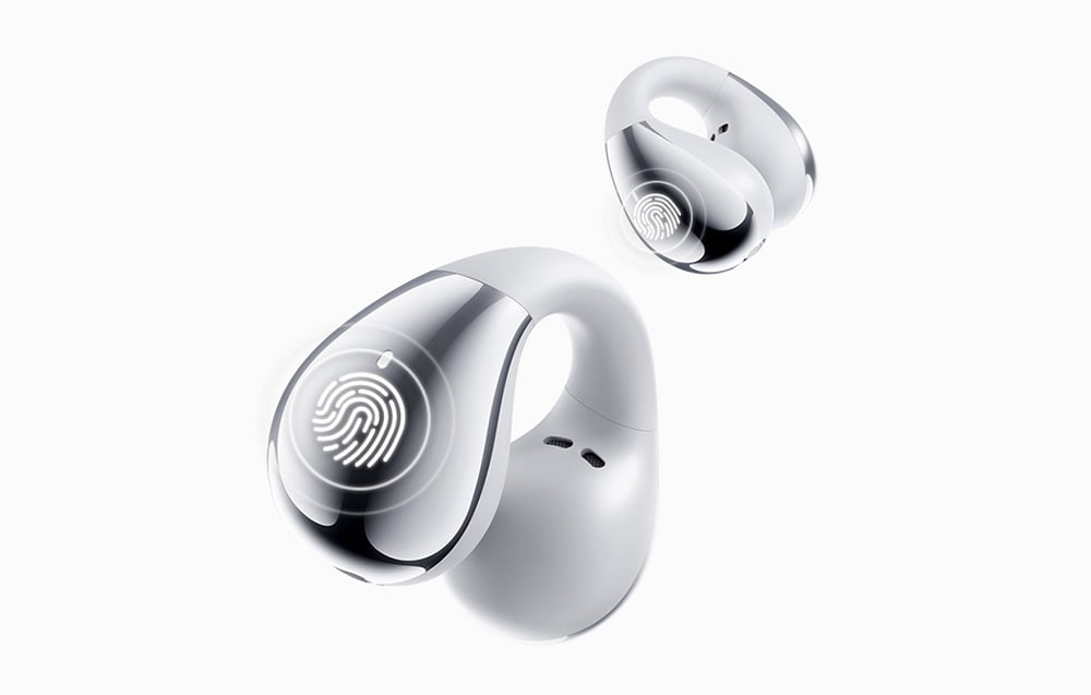 Zbliżenie na dwie bezprzewodowe słuchawki z dotykowym panelem oznaczonym ikoną odcisku palca