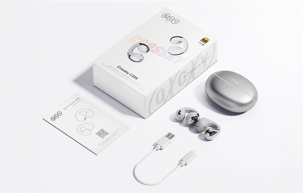 Zestaw słuchawkowy QCY Crossky C30s z pudełkiem, etui ładującym, słuchawkami, kablem USB-C i instrukcją