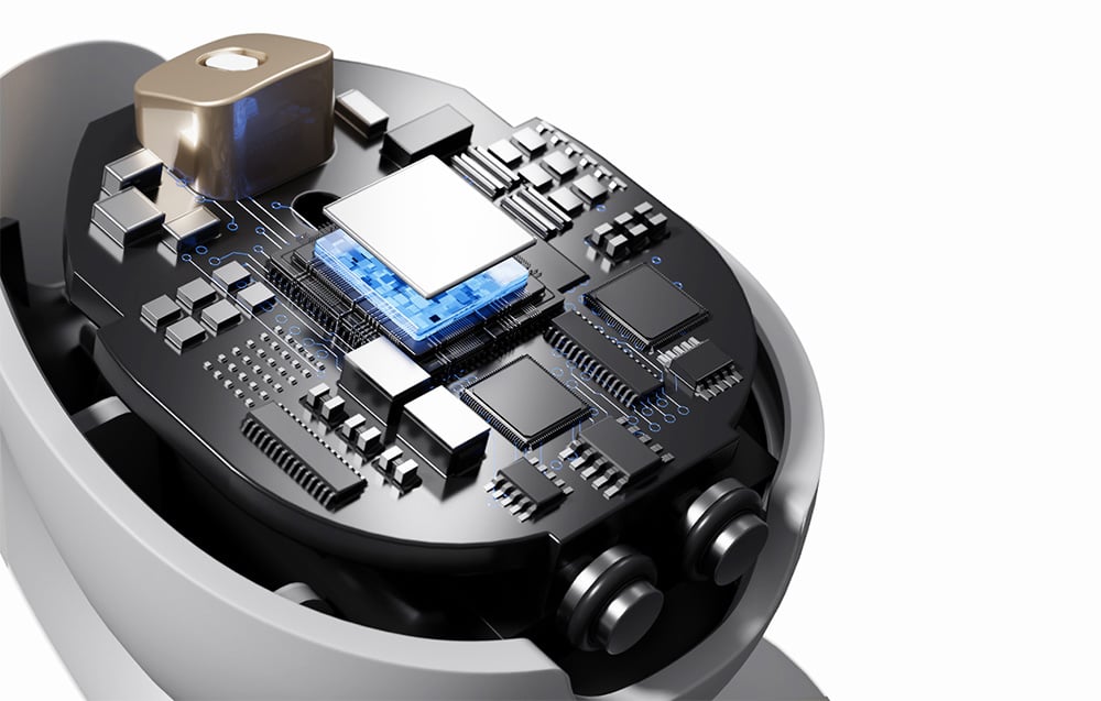 Wnętrze słuchawki bezprzewodowej ukazujące komponenty