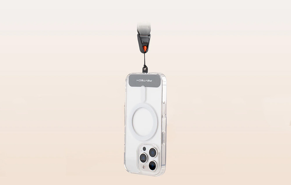 iPhone mounted to a PGYTECH neck strap on a beige background