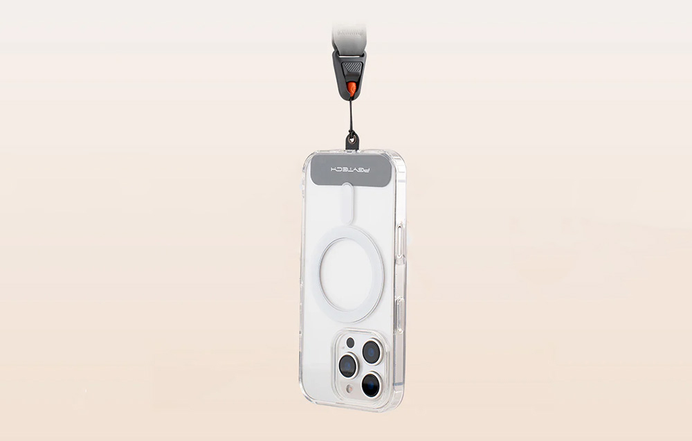 An iPhone mounted to a neck strap