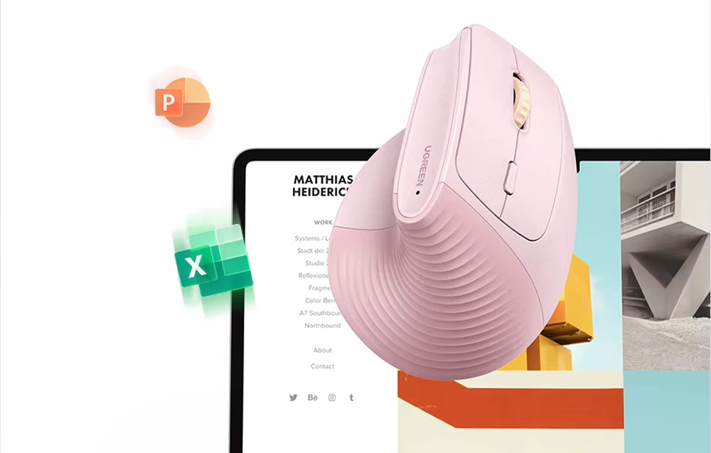 Różowa mysz pionowa Ugreen na tle monitora z wyświetloną prezentacją