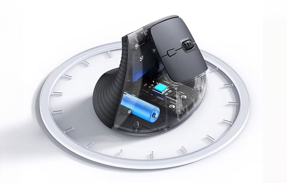 Czarna mysz pionowa z widocznymi elementami wewnętrznymi