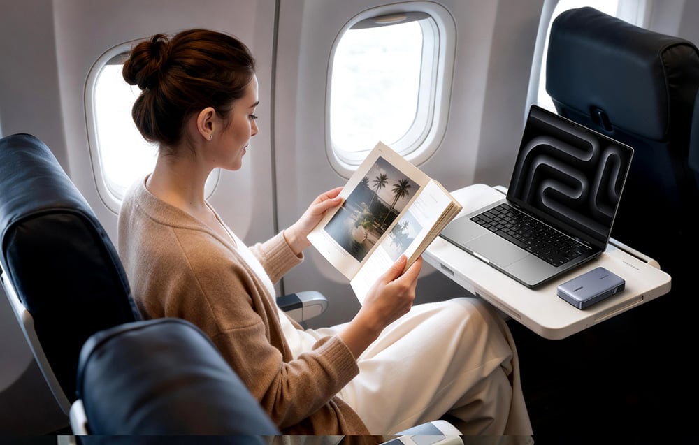 Kobieta w samolocie czyta książkę, na stoliku leżą laptop i powerbank