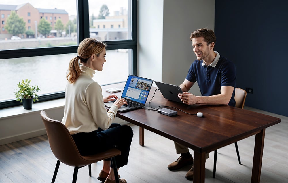 Kobeta i mężczyzna rozmawiają przy stole, obok nich laptopy podłączone do powerbanka