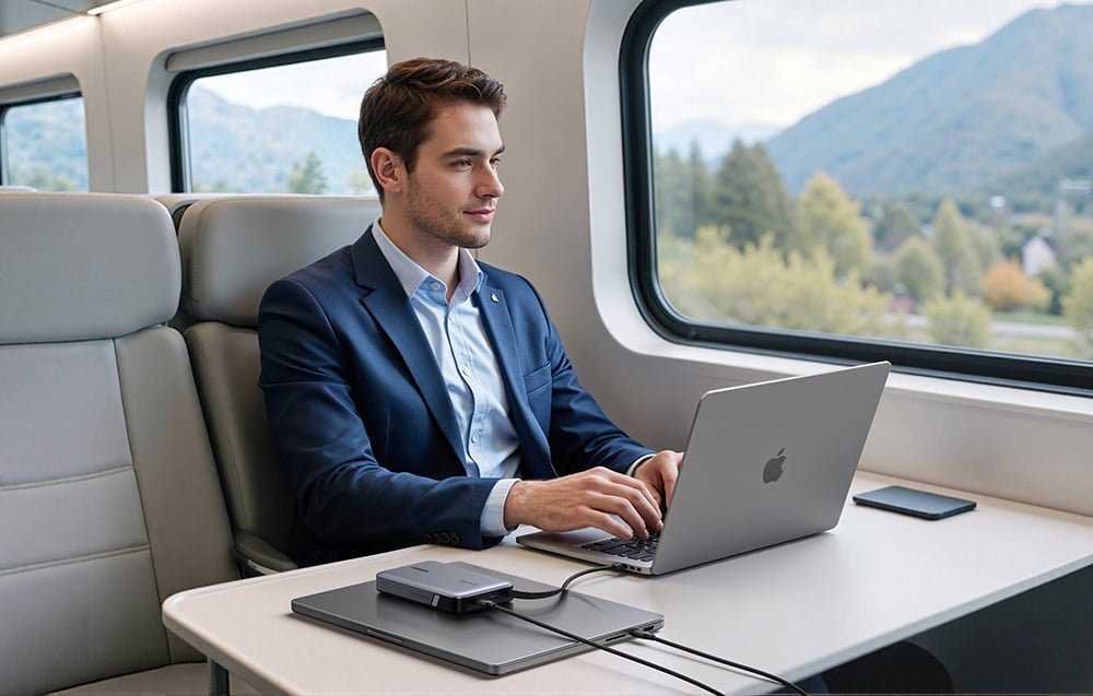 Mężczyzna siedzi w pociągu z laptopami podłączonymi do powerbanka