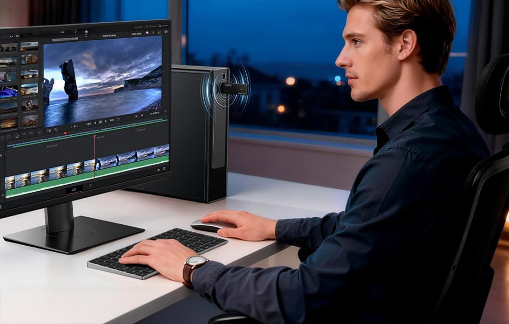 A man working in front of a computer connected to the USB network card