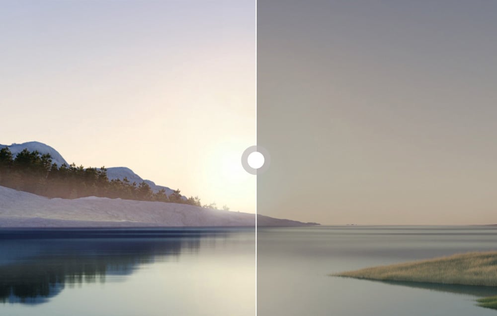 Jezioro i góry, połowa zdjęcia jest jaśniejsza, a prawa strona ciemniejsza