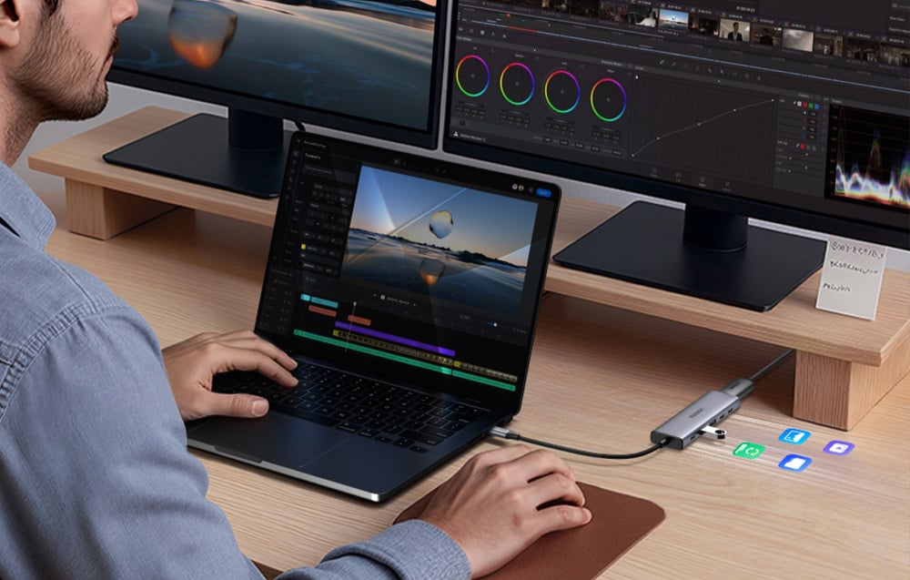 Mężczyzna pracuje na programie graficznym przy laptopie i monitorze, do urządzeń podłączono hub
