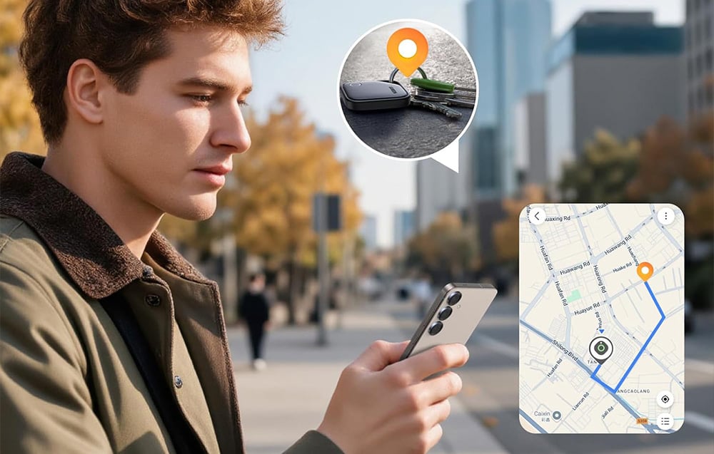 Mężczyzna na mieście trzymający smartfon w dłoni sprawdzający lokalizację kluczy z lokalizatorem