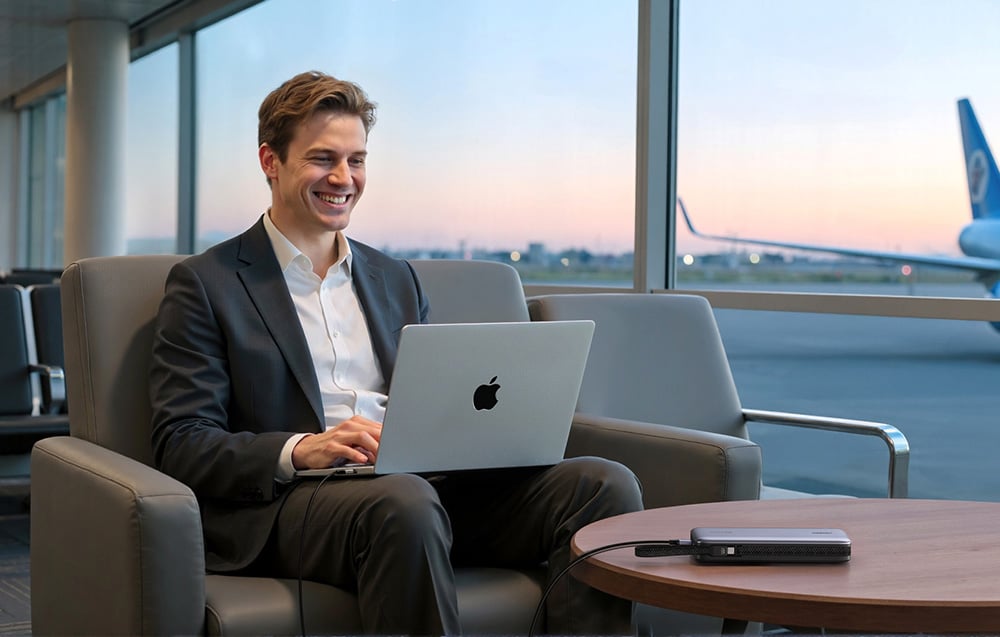 A smiling man sitting at the airport with a laptop on his lap, with a powerbank on the table in front of him