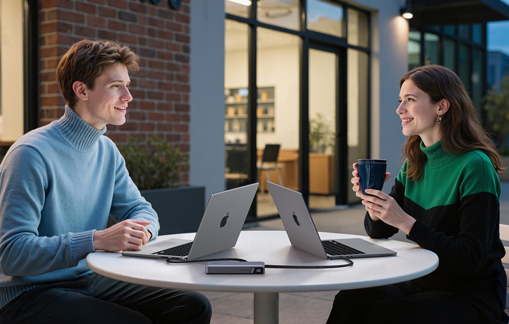 A smiling couple sitting at a table with laptops connected to the powerbank