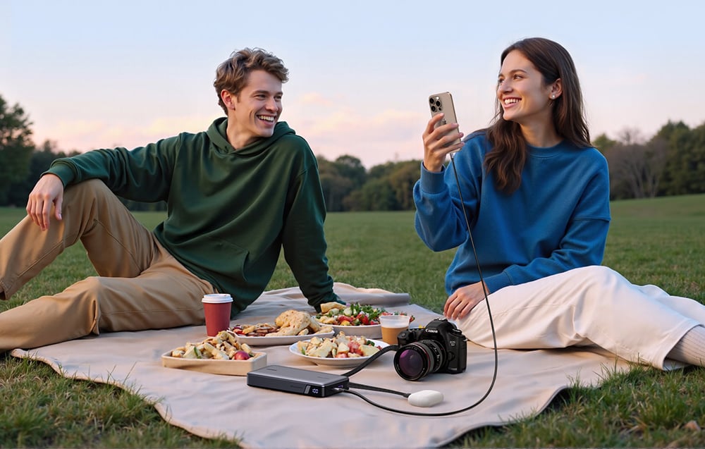 A smiling couple at a picnic, with the powerbank connected to headphones, a camera, and a smartphone on a blanket