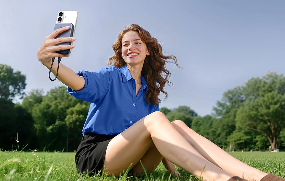 Eine Frau sitzt im Gras und macht ein Foto mit ihrem Smartphone, das an den Powerbank angeschlossen ist