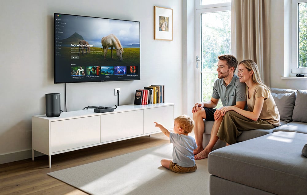 Family with a child sitting in front of the TV in the living room