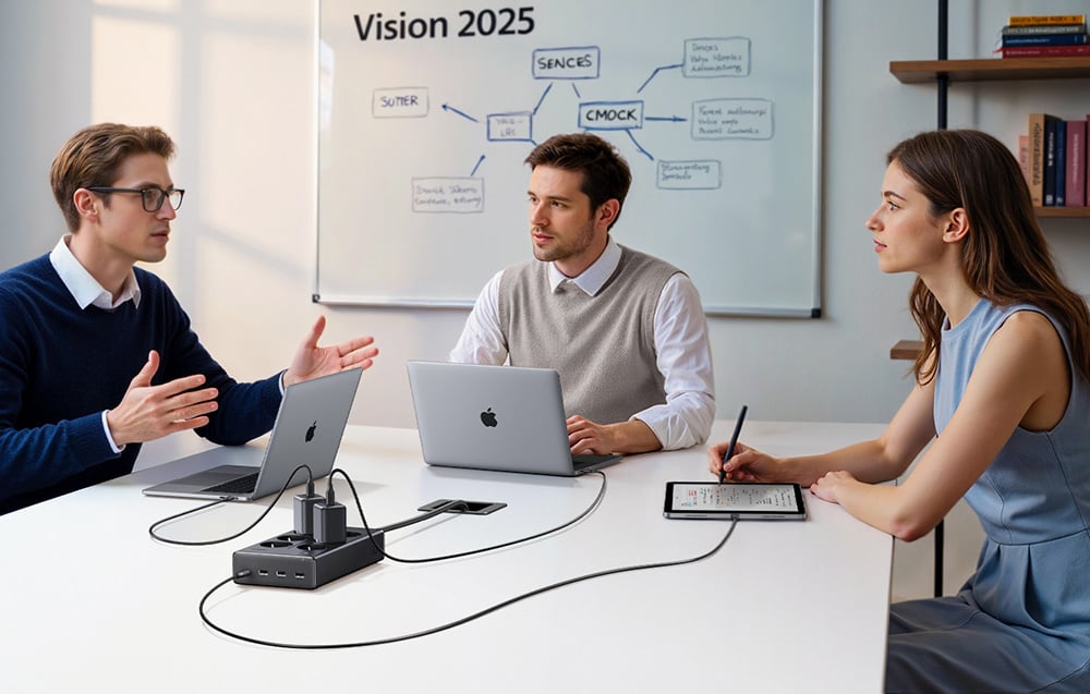 3 people talking in a conference room, with laptops and a tablet connected to the power strip on the table