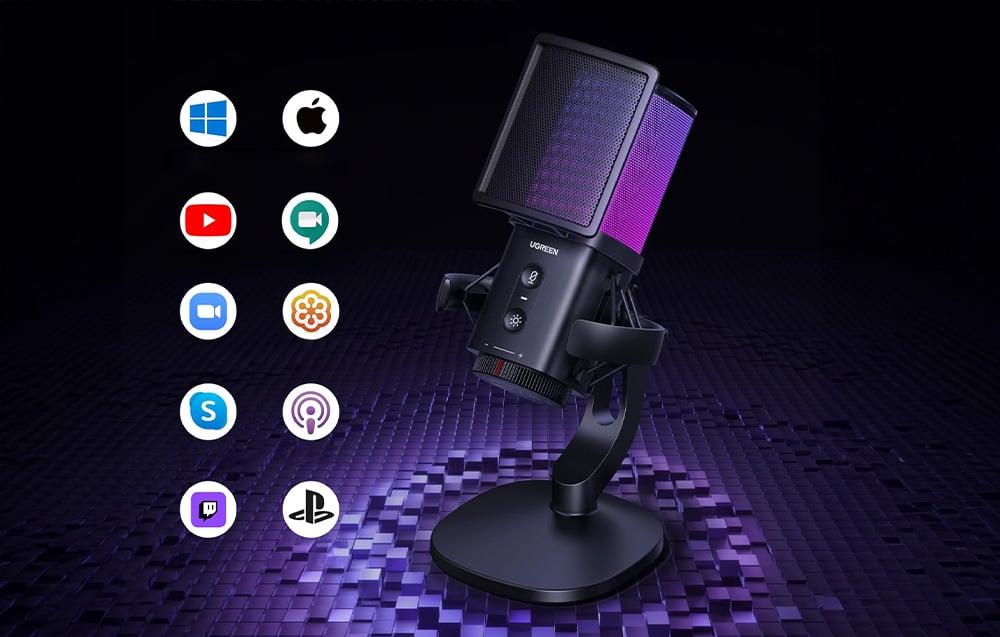 Mikrofon Ugreen z kolorowym podświeltniem na ciemnym tle, obok ikony różnych platform i aplikacji