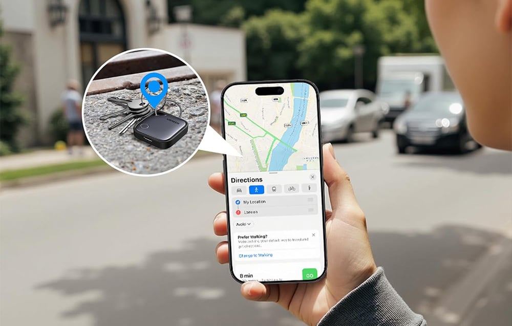 Smartfon w dłoni z włączoną mapą, obok obrazek kluczy z przymocowanym lokalizatorem