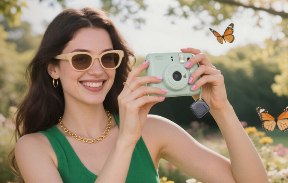 Eine lächelnde Frau mit Brille macht ein Foto mit einer Kamera, an der der Locator befestigt ist